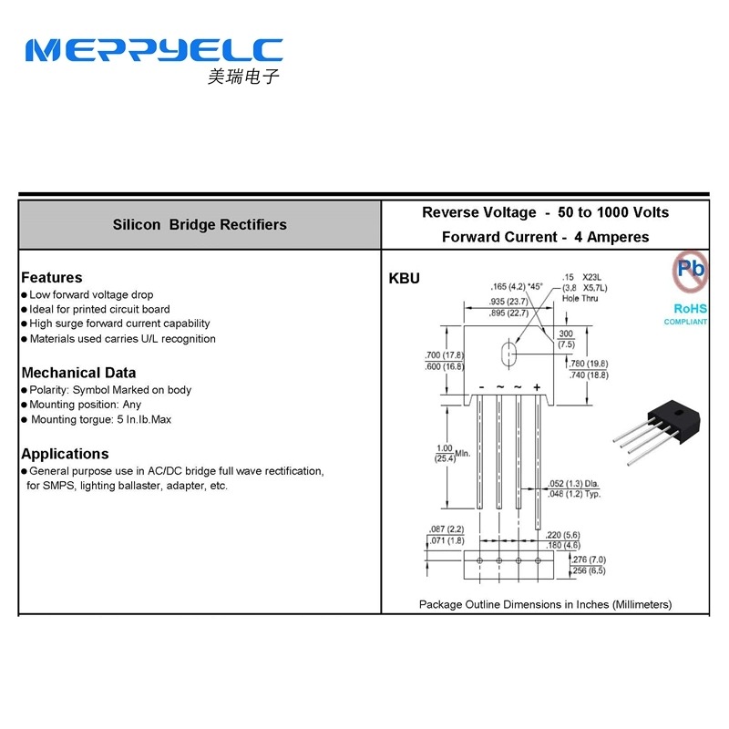 KBU6005 THRU KBU610 6A 1000V Silicon Bridge Rectifiers