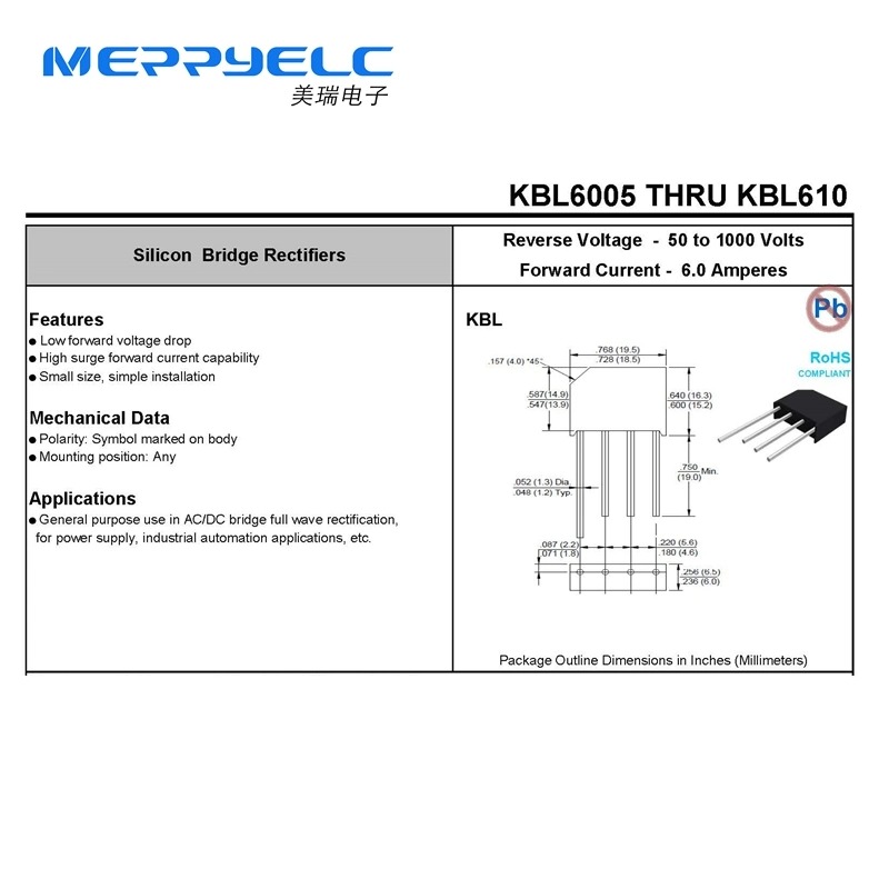 KBL6005 THRU KBL610  6.0 Amperes 50 to 1000 Volts Silicon Bridge Rectifiers
