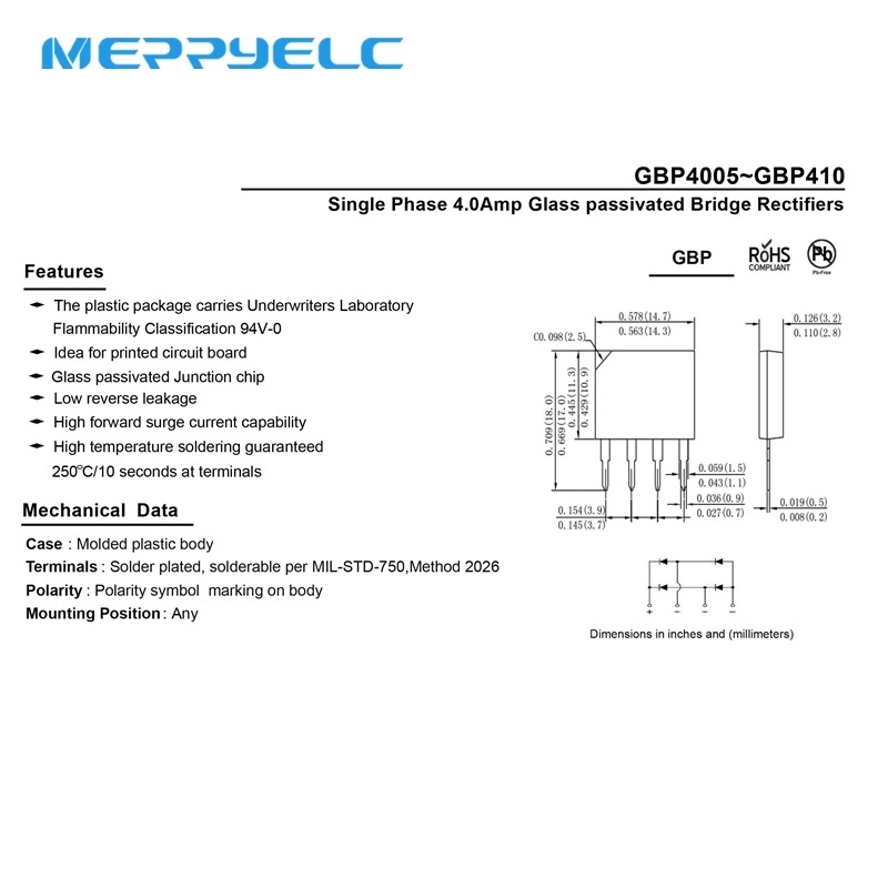 GBP4005~GBP410 GBP Single Phase 4.0Amp Glass passivated Bridge Rectifiers