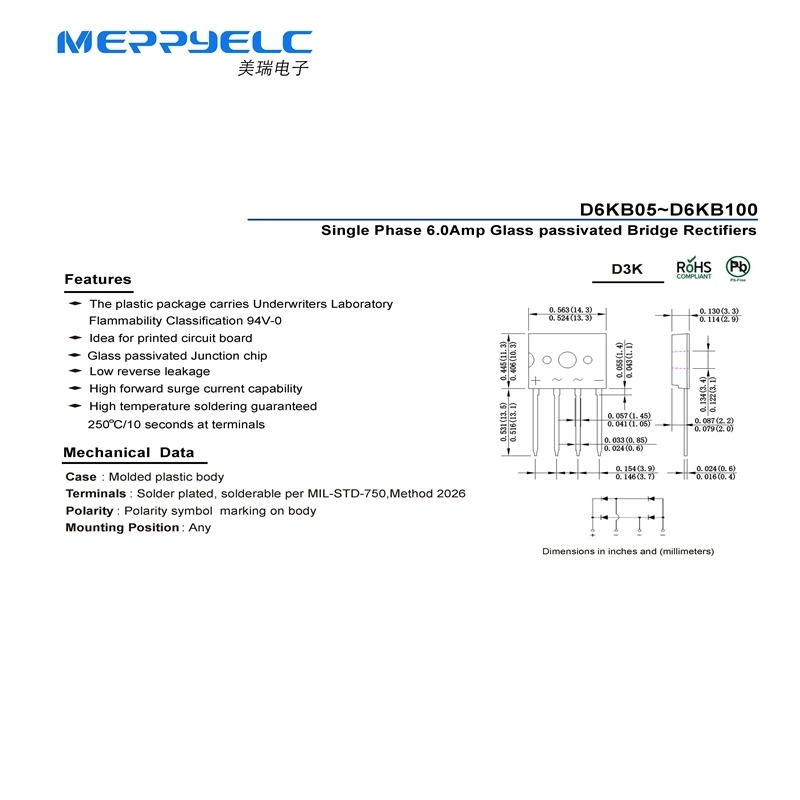 D6KB05~D6KB100 D3K Single Phase 6.0Amp Glass passivated Bridge Rectifiers