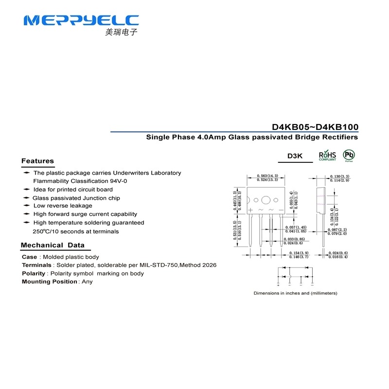 D4KB05~D4KB100 D3K Single Phase 4.0Amp Glass passivated Bridge Rectifiers