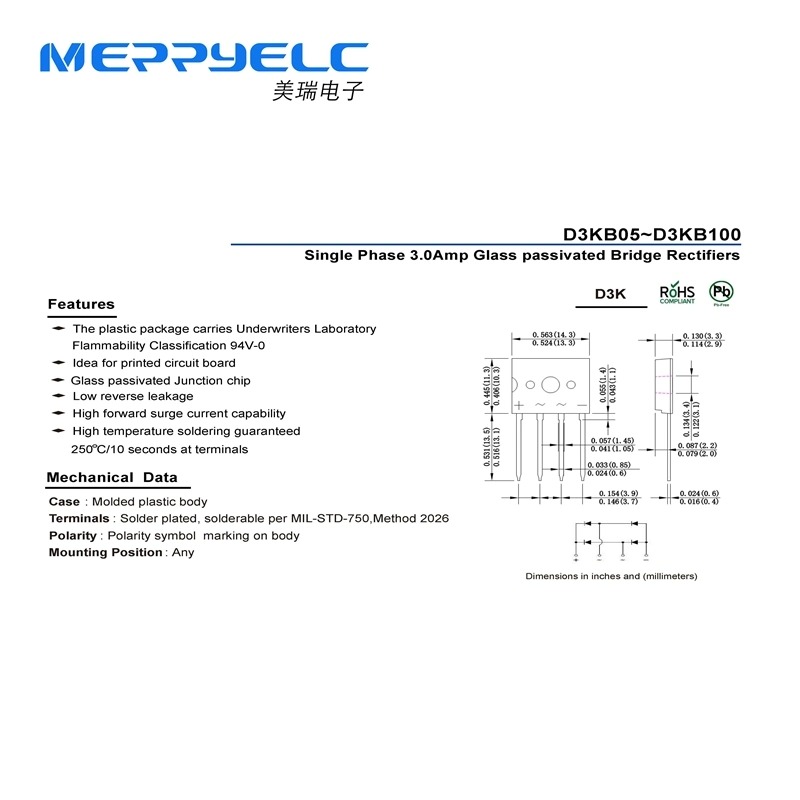 D3KB05~D3KB100 D3K Single Phase 3.0Amp Glass passivated Bridge Rectifiers
