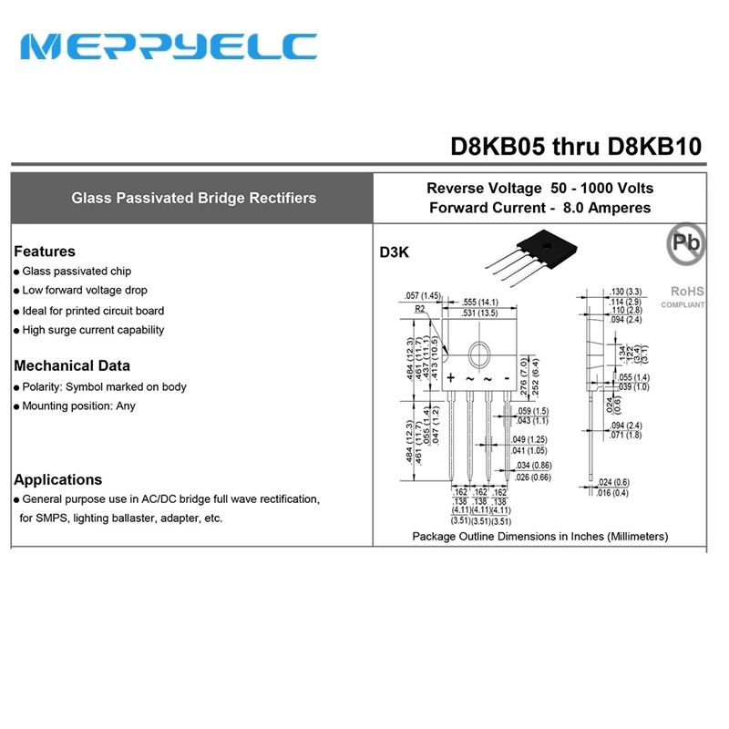 D8KB10 8.0 Amperes Glass Passivated Bridge Rectifiers Semiconductor Diode  Bridge