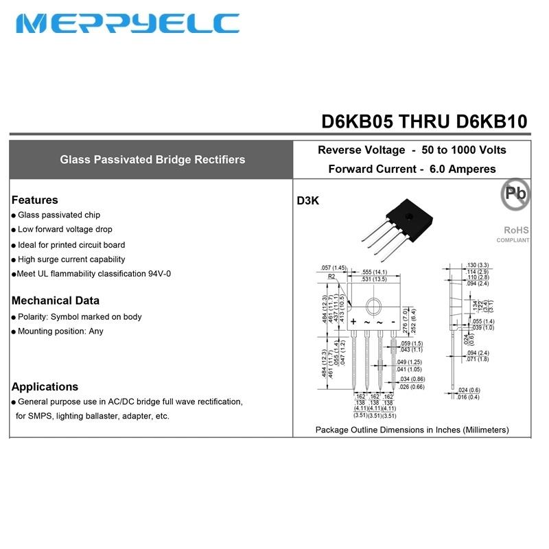D6KB06 6.0 Amperes Glass Passivated Bridge Rectifiers Semiconductor Diode  Bridge