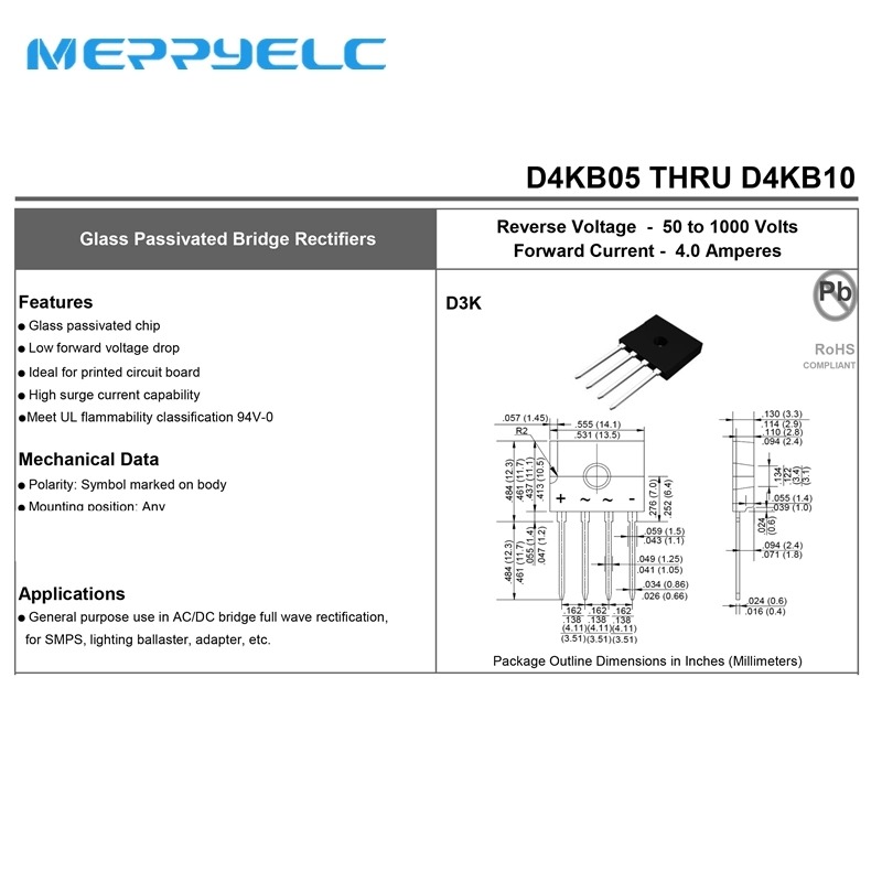 D4KB06  4.0 Amperes   D3K Bridge Rectifiers  Diode