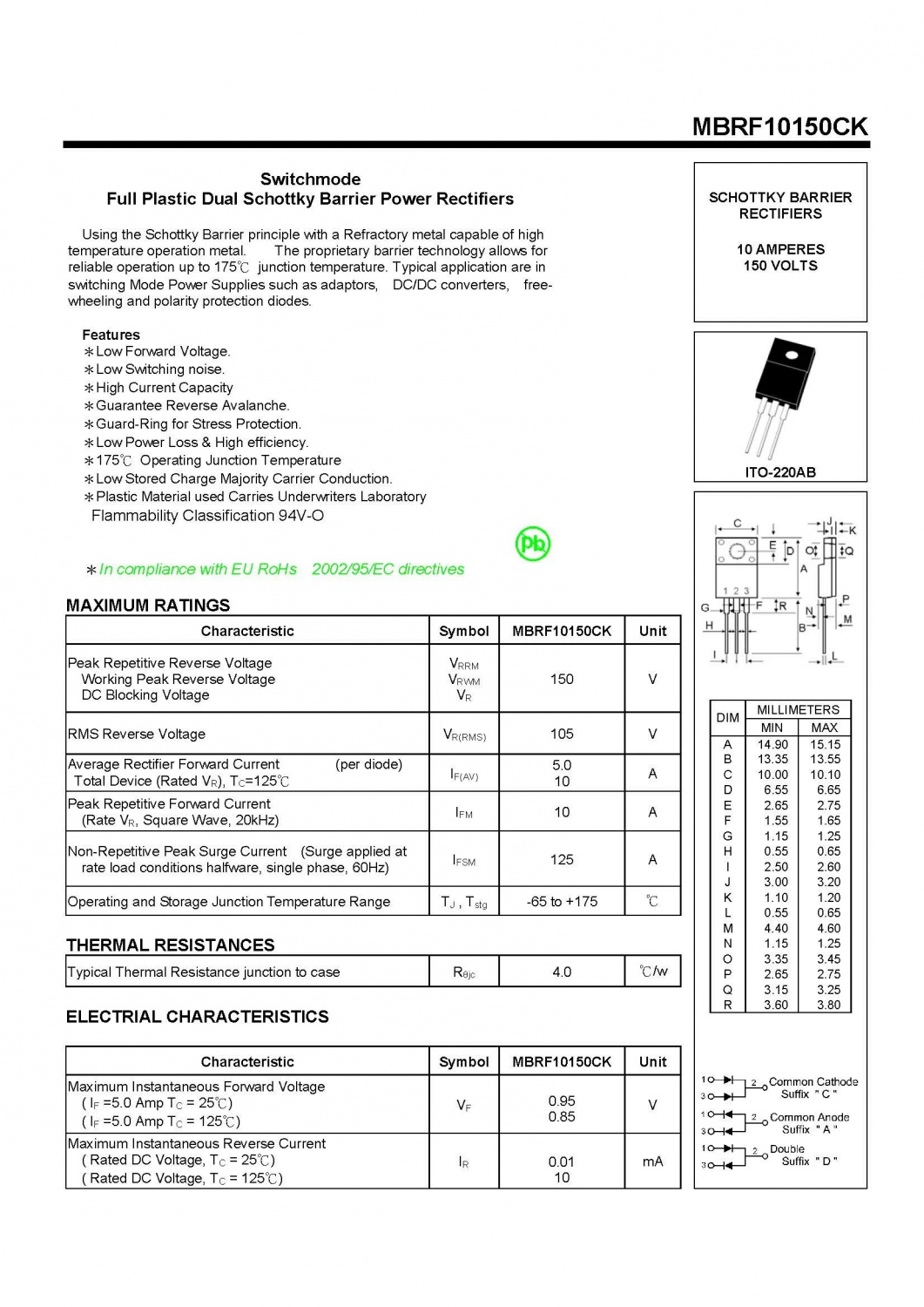 MBRF10150CK Switchmode Full Plastic Dual Schottky Barrier Power Rectifiers