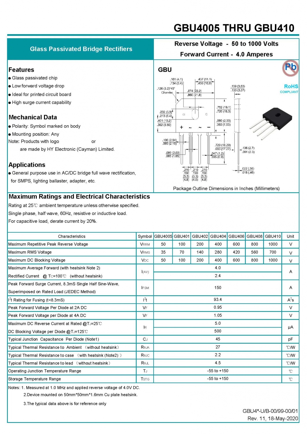Glass Passivated Bridge Rectifiers 4A/1000V GBU410