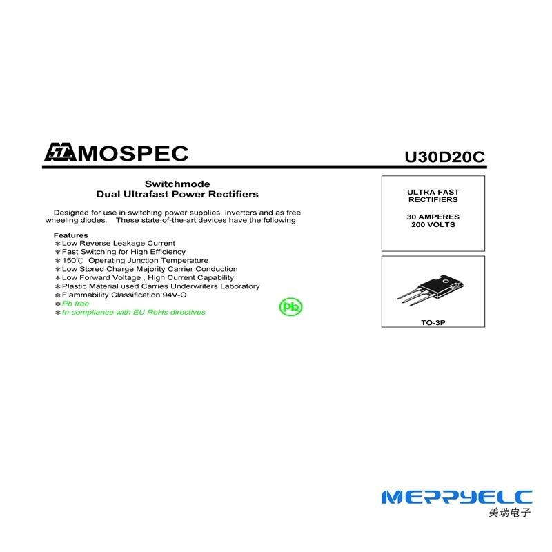 U30D20C TO-24（TO-3P） SwitchmodeDual Ultrafast Power Rectifiers Semiconductor Diode Fast Recovery Diode