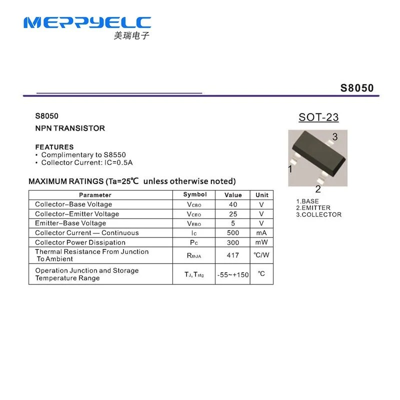 S8550 SOT-23 IC=0.5A PNP TRANSISTOR Diode Semiconductor Diode