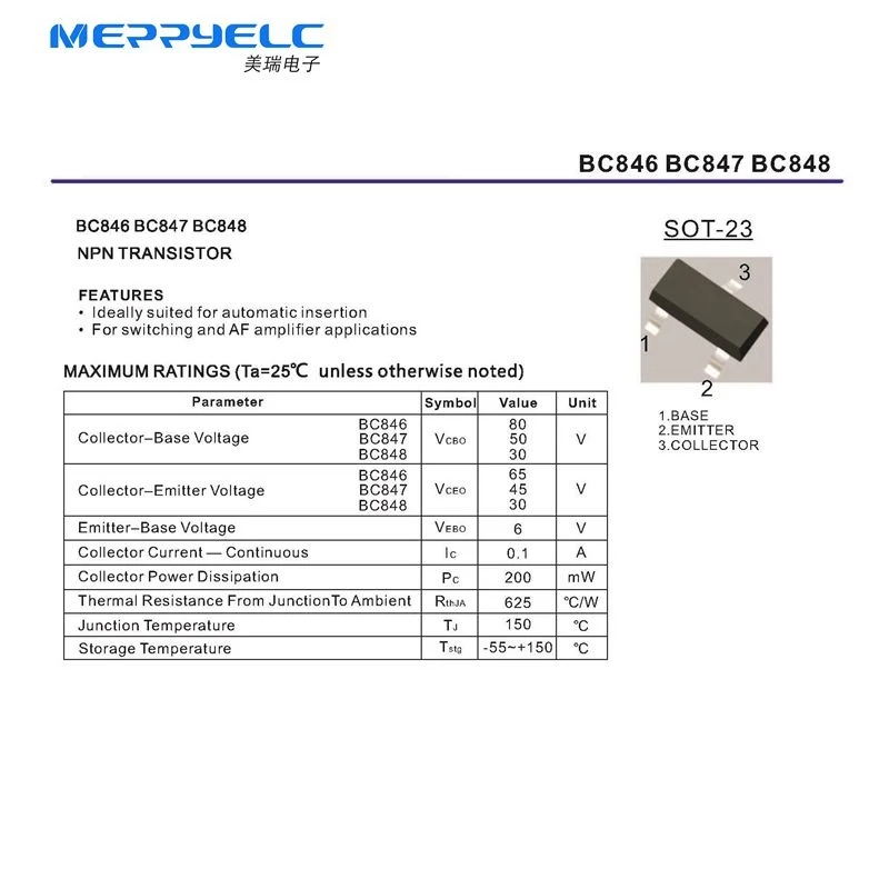 BC846 BC847 BC848 SOT-23 NPN TRANSISTOR Semiconductor Diode st