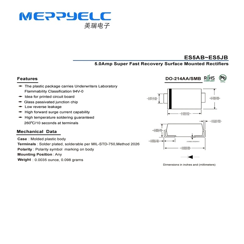 ES5AB~ES5JB  DO-214AA/SMB  5.0Amp Super Fast Recovery Surface Mounted Rectifiers