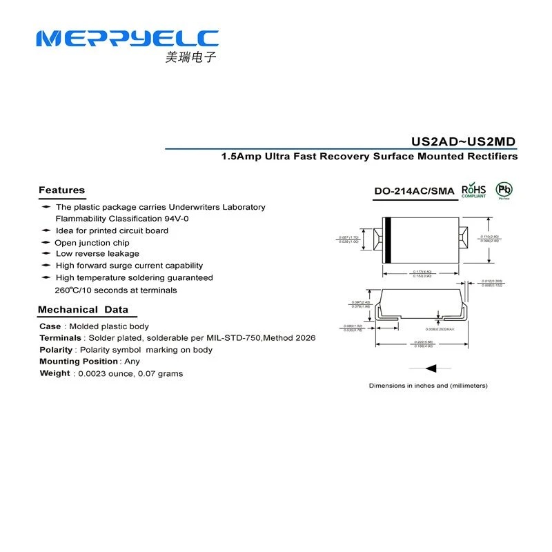 US2AD~US2MD DO-214ACSMA 1.5Amp Ultra Fast Recovery Surface Mounted Rectifiers
