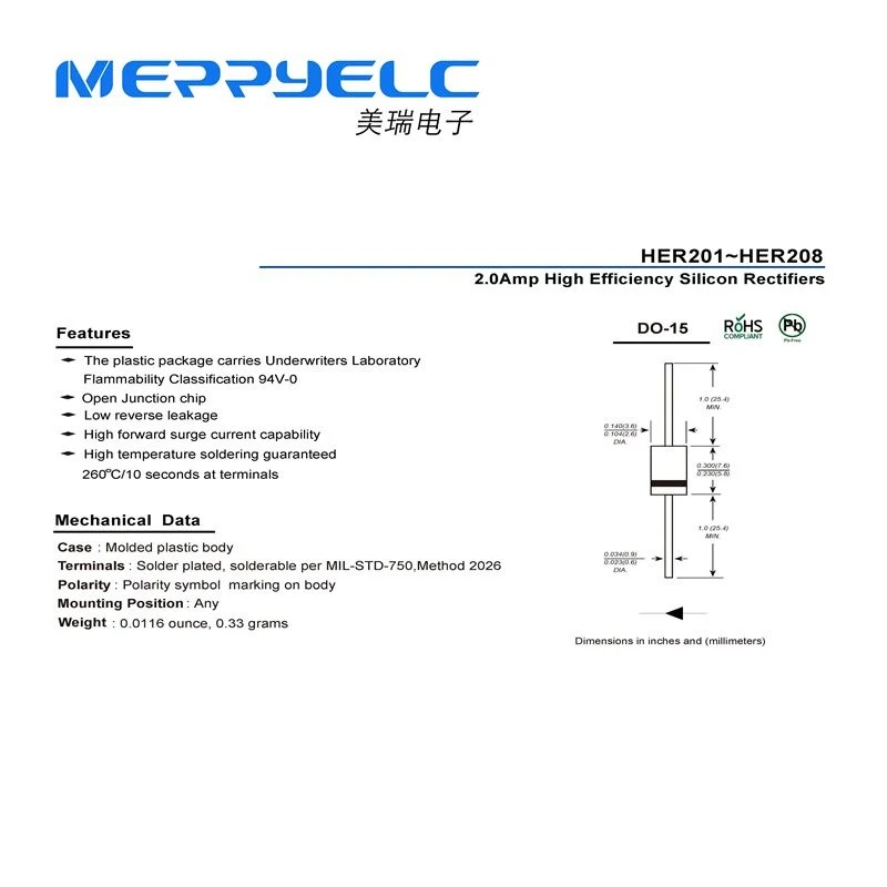 HER201~HER208 DO-15 2.0Amp High Efficiency Silicon Rectifiers Diode