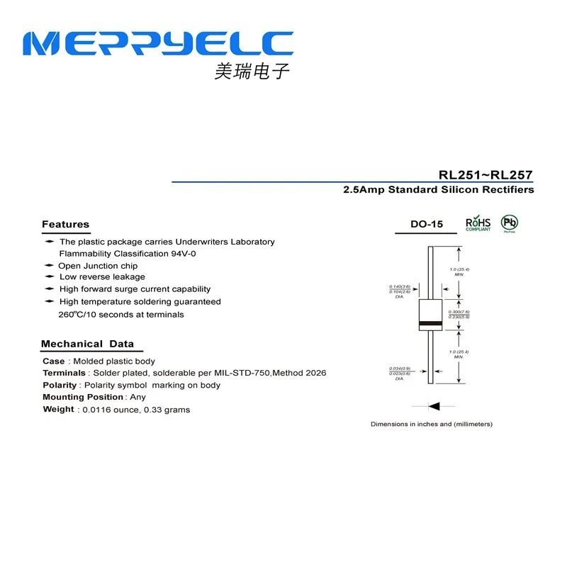 RL251~RL257 DO-15 2.5Amp Standard Silicon Rectifiers Diode