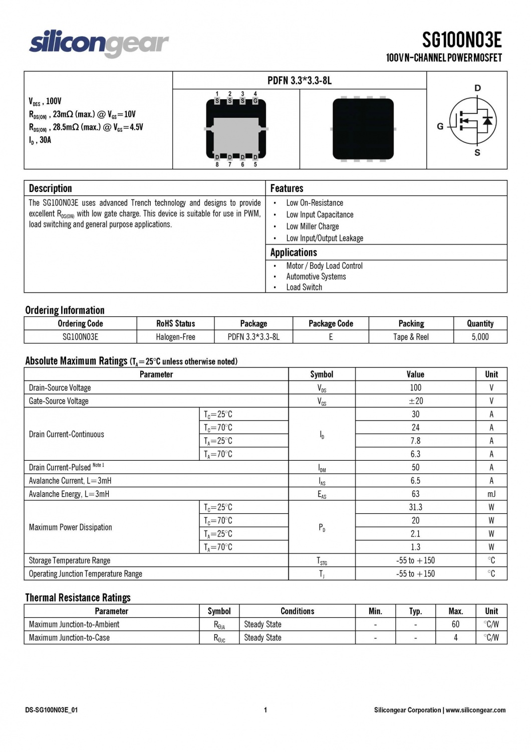 SG100N03E 100V N-Channel Power MOSFET silicongear