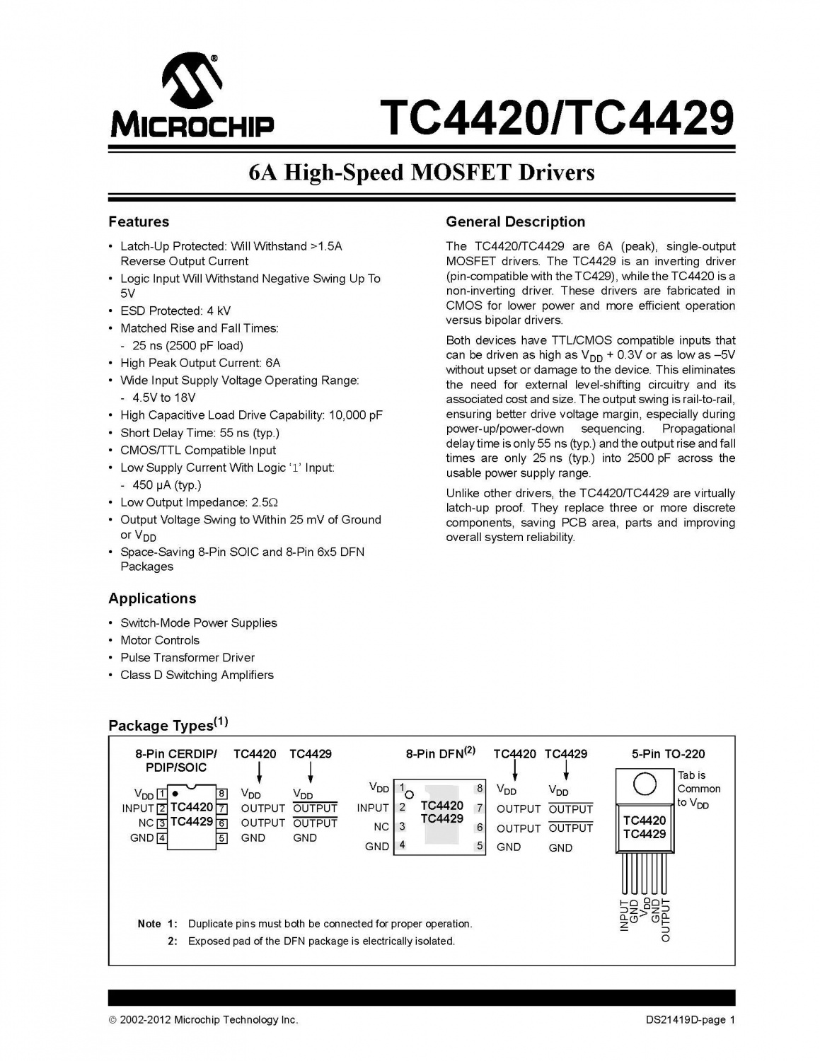 TC4420 6A High-Speed MOSFET Drivers