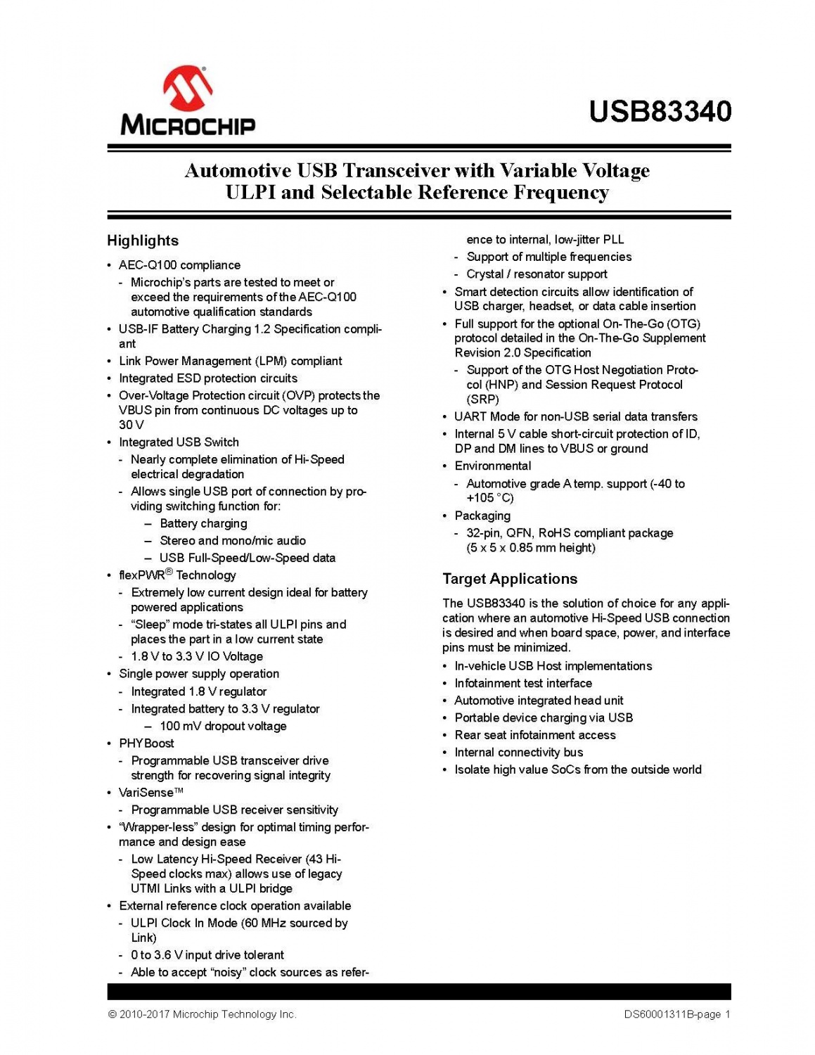 with Variable VoltageULPI and Selectable Reference Frequency Automotive USB Transceiver