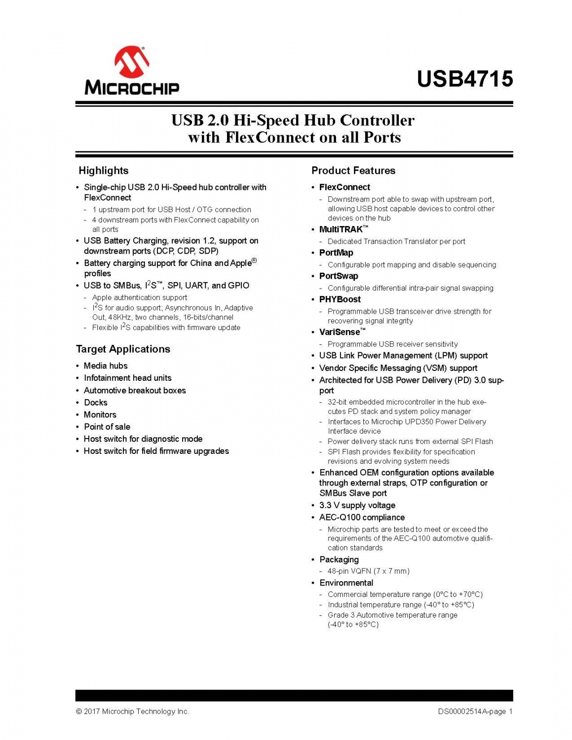 USB 2.0 Hi-Speed Hub Controller with FlexConnect on all Ports
