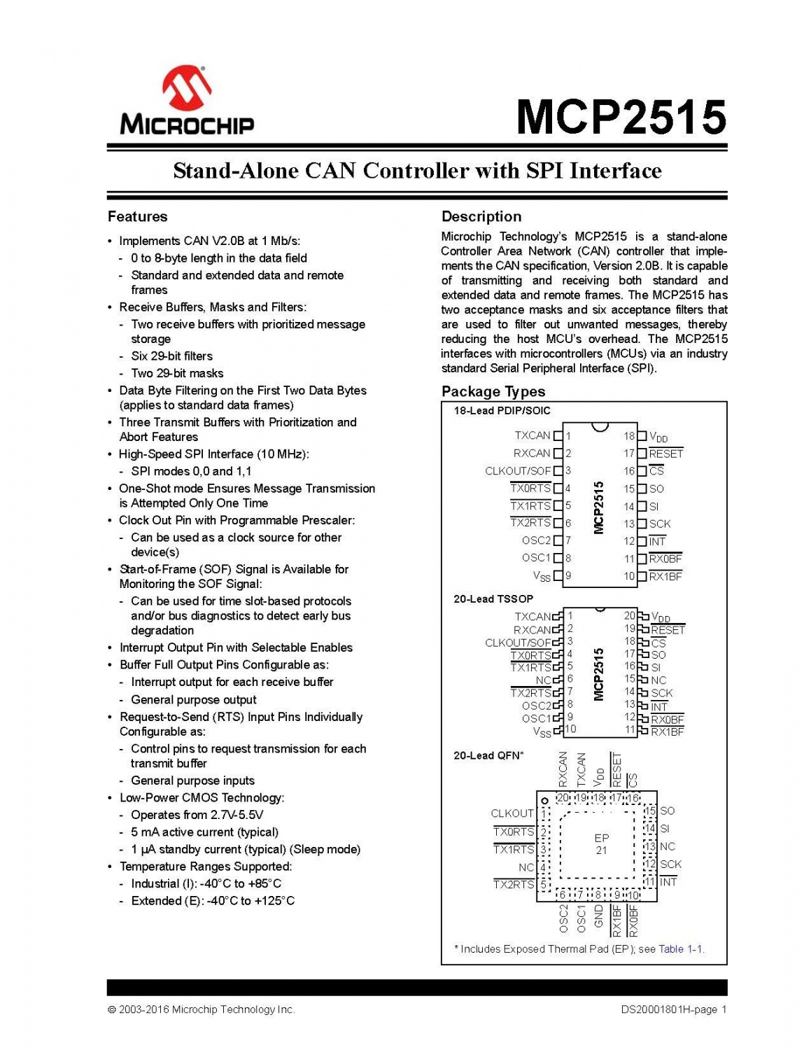 MCP2515 Stand-Alone CAN Controller with SPI Interface