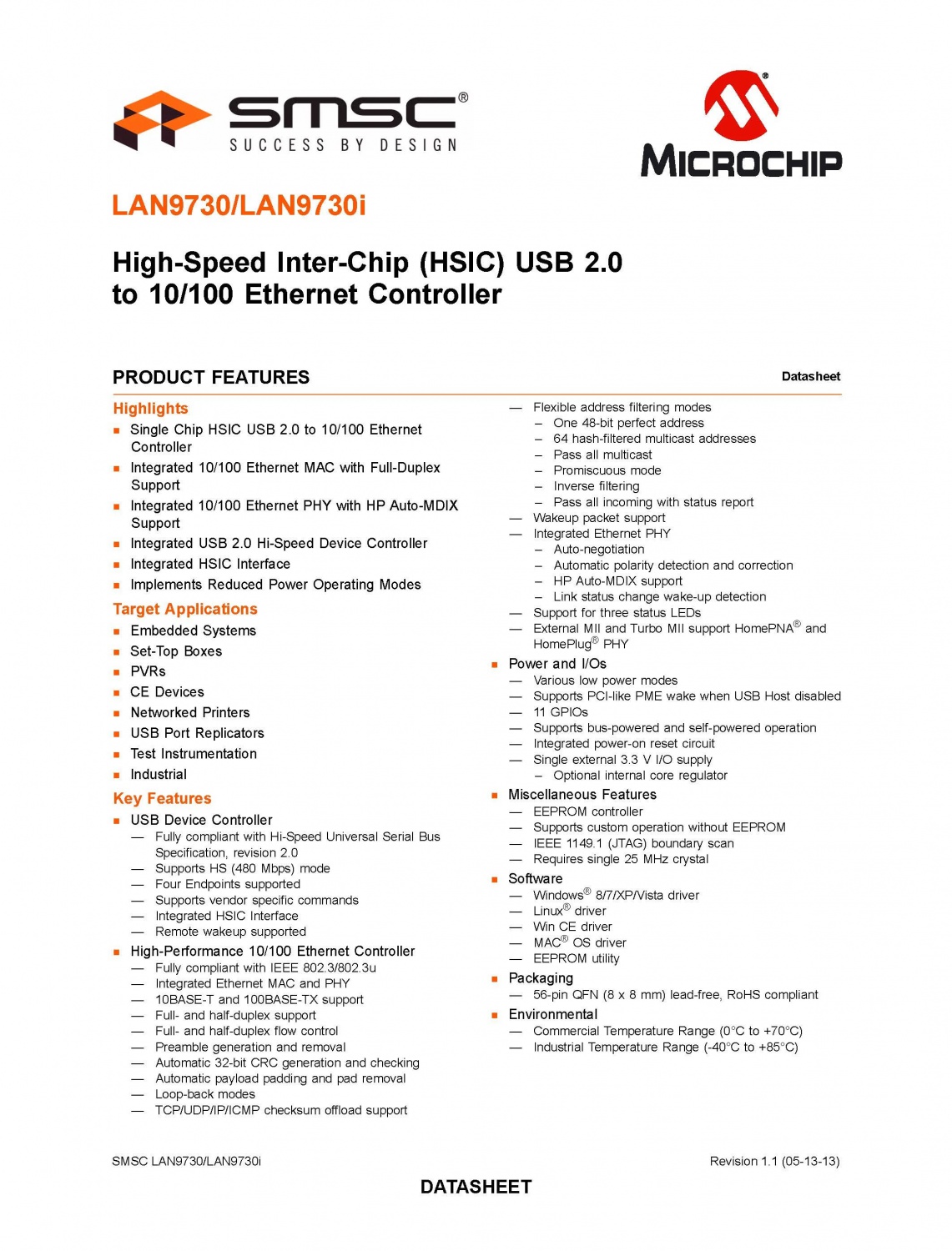 High-Speed Inter-Chip （HSIC） USB 2.0to 10/100 Ethernet Controller