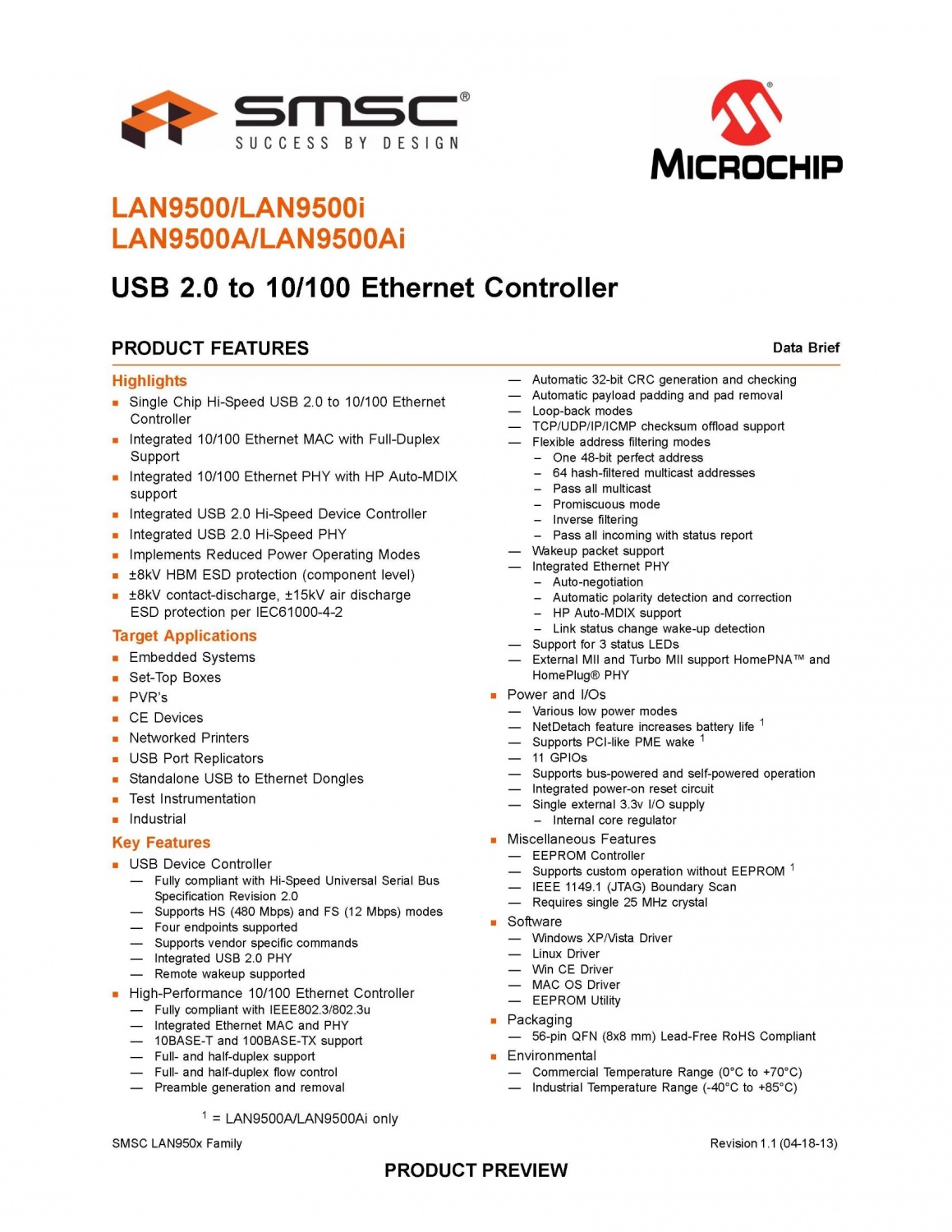 Single Chip Hi-Speed USB 2.0 to 10/100 Ethernet Controller