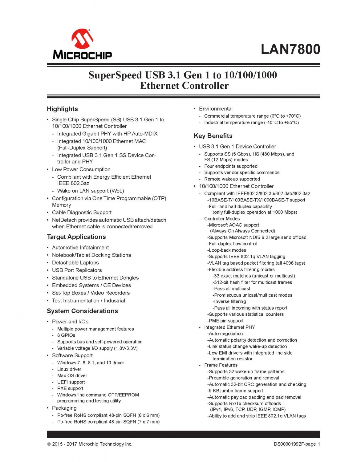 SuperSpeed USB 3.1 Gen 1 to 10/100/1000Ethernet Controller
