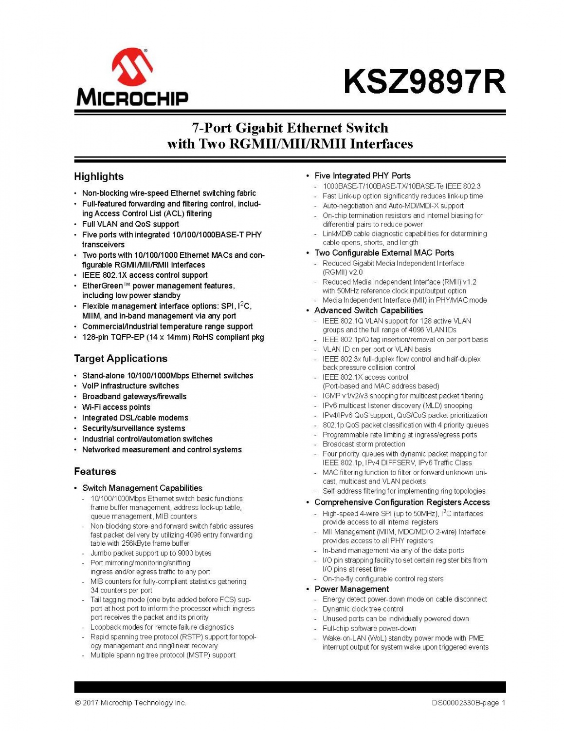 KSZ9897R 7-Port Gigabit Ethernet Switchwith Two RGMII/MII/RMII Interfaces IC