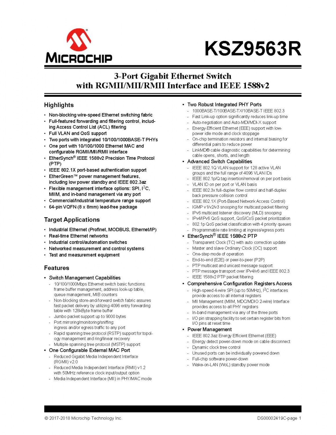 3-Port Gigabit Ethernet Switchwith RGMII/MII/RMII Interface and IEEE 1588v2 IC