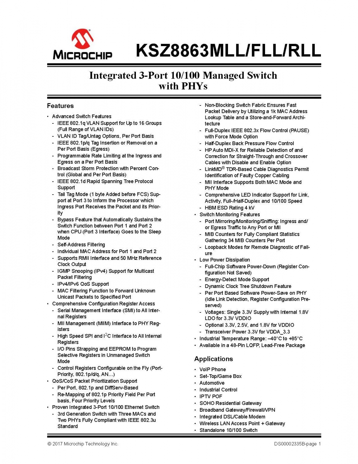 KSZ8863MLL/FLL/RLL Integrated 3-Port 10/100 Managed Switchwith PHYs