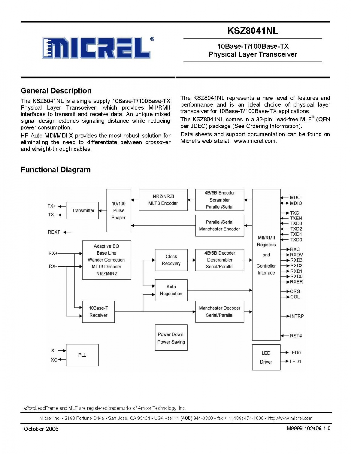 10Base-T/100Base-TXPhysical Layer Transceiver
