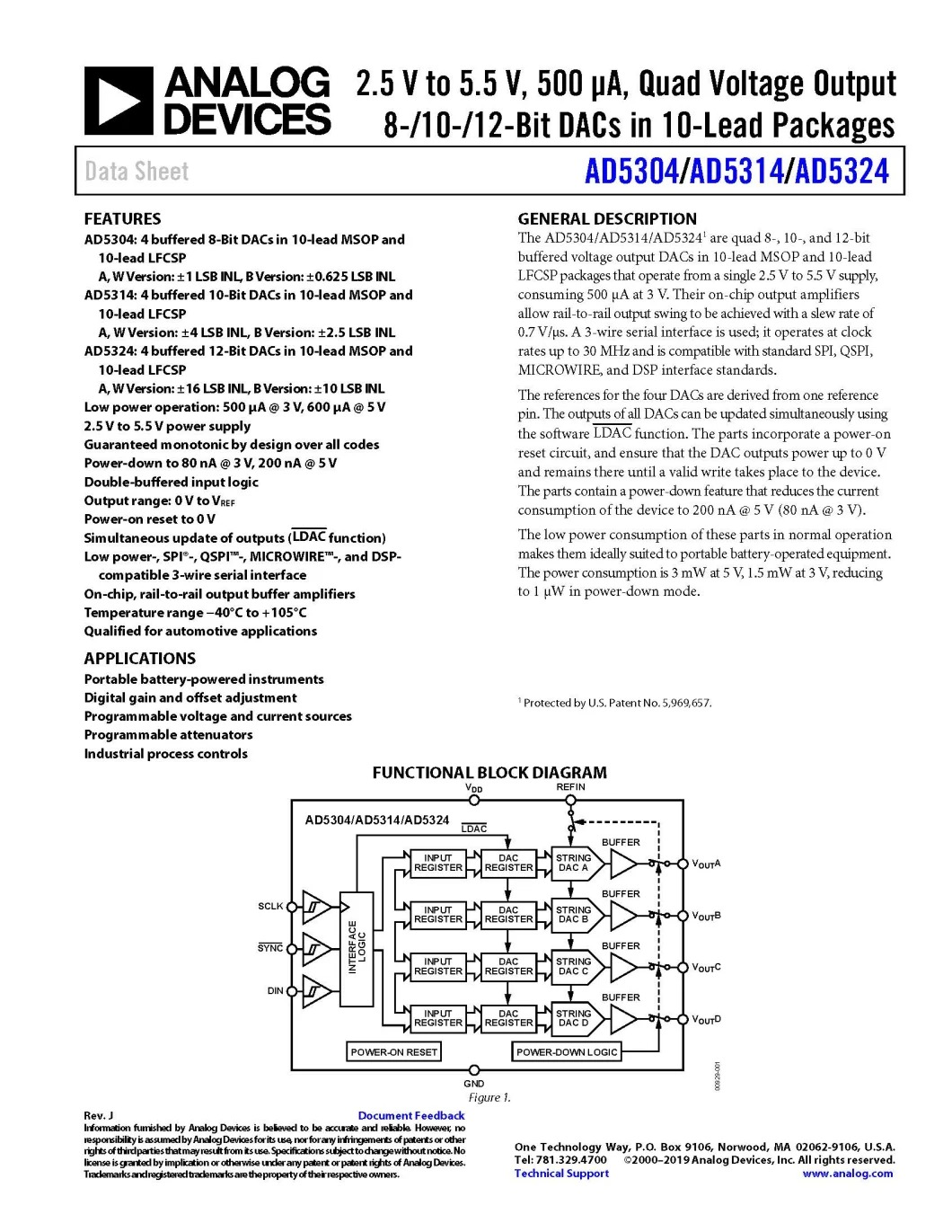 2.5 V to 5.5 V, 500 μA, Quad Voltage Output 8-/10-/12-Bit DACs in 10-Lead Packages ICS