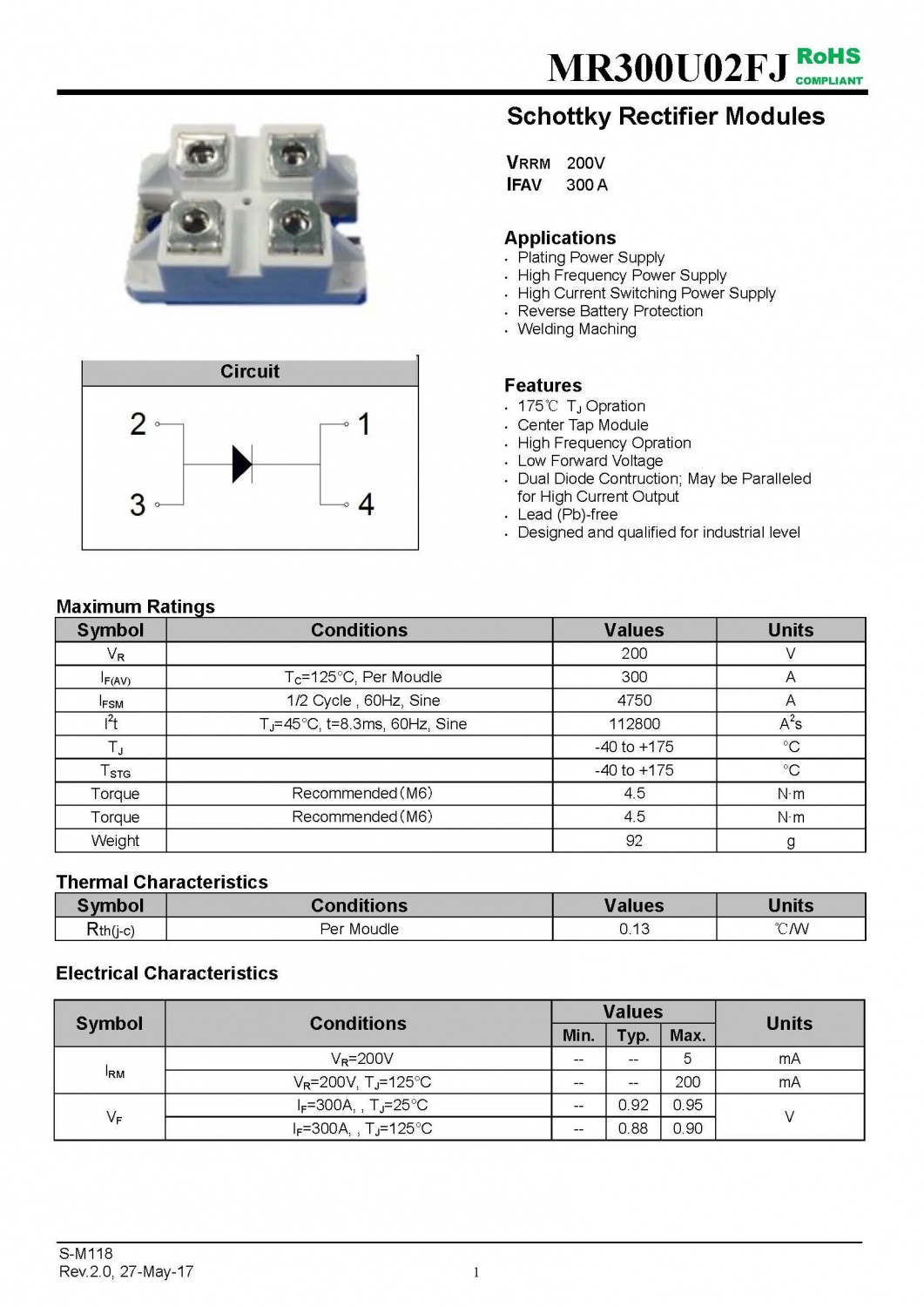 MR300U02FJ Schottky Rectifier Modules