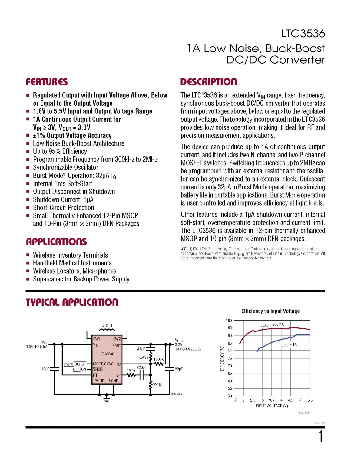 1A Low Noise, Buck-Boost DC/DC Converter LTC3536