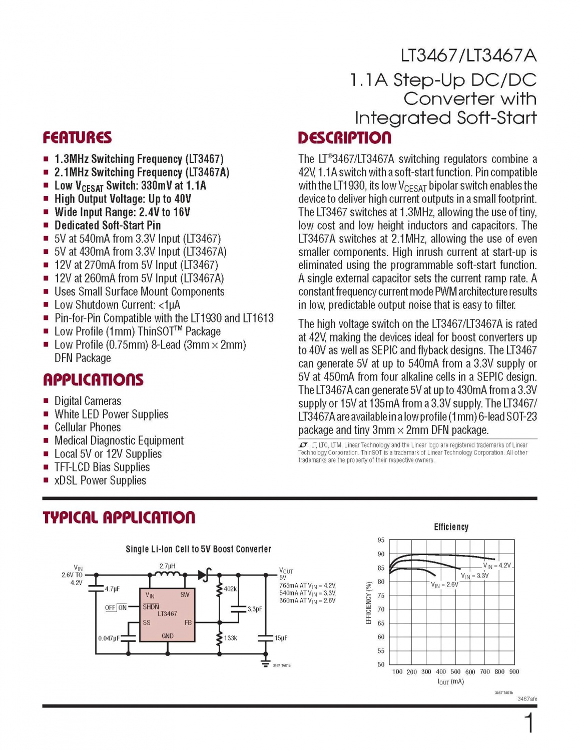 1.1A Step-Up DC/DC Converter with Integrated Soft-Start LT3467
