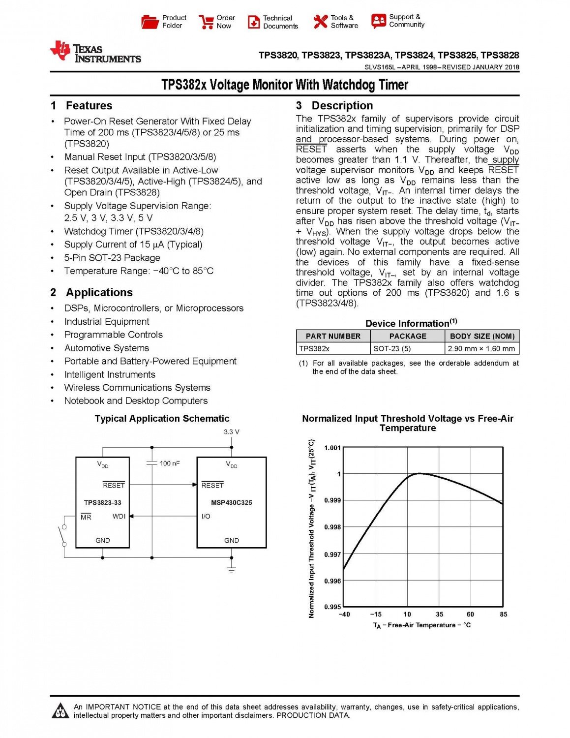 TPS3828-33DBVR Voltage Monitor With Watchdog Timer