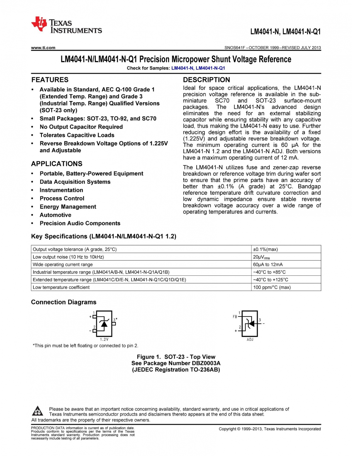LM4041-N/LM4041-N-Q1 Precision Micropower Shunt Voltage Reference IC