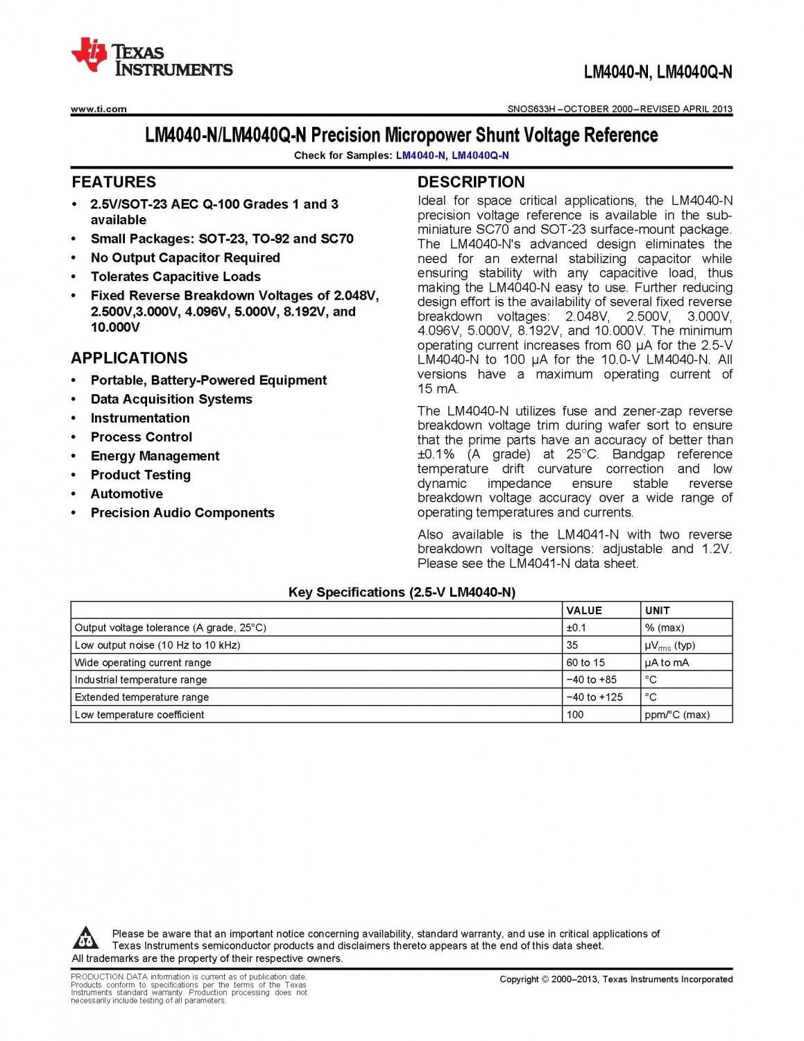 LM4040-N/LM4040Q-N Precision Micropower Shunt Voltage Reference IC