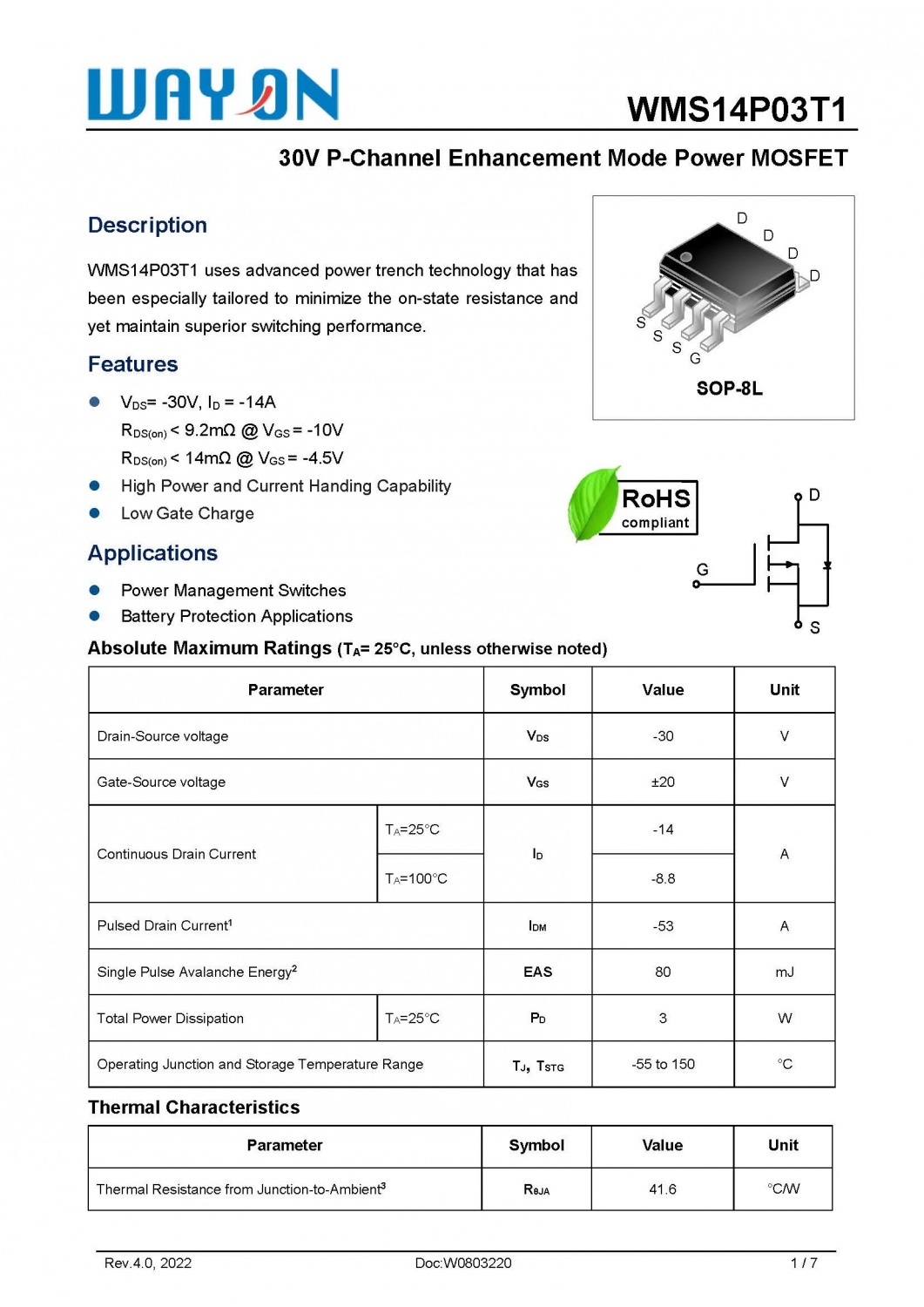 MS14P03T1 SOP-8L 30V P-Channel Enhancement Mode Power MOSFET