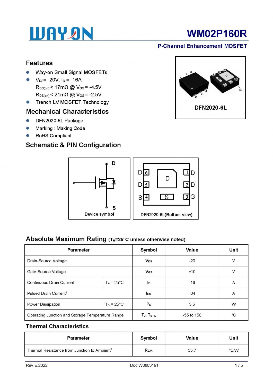 WMQ55P02T1 20V P-Channel Enhancement Mode Power MOSFET