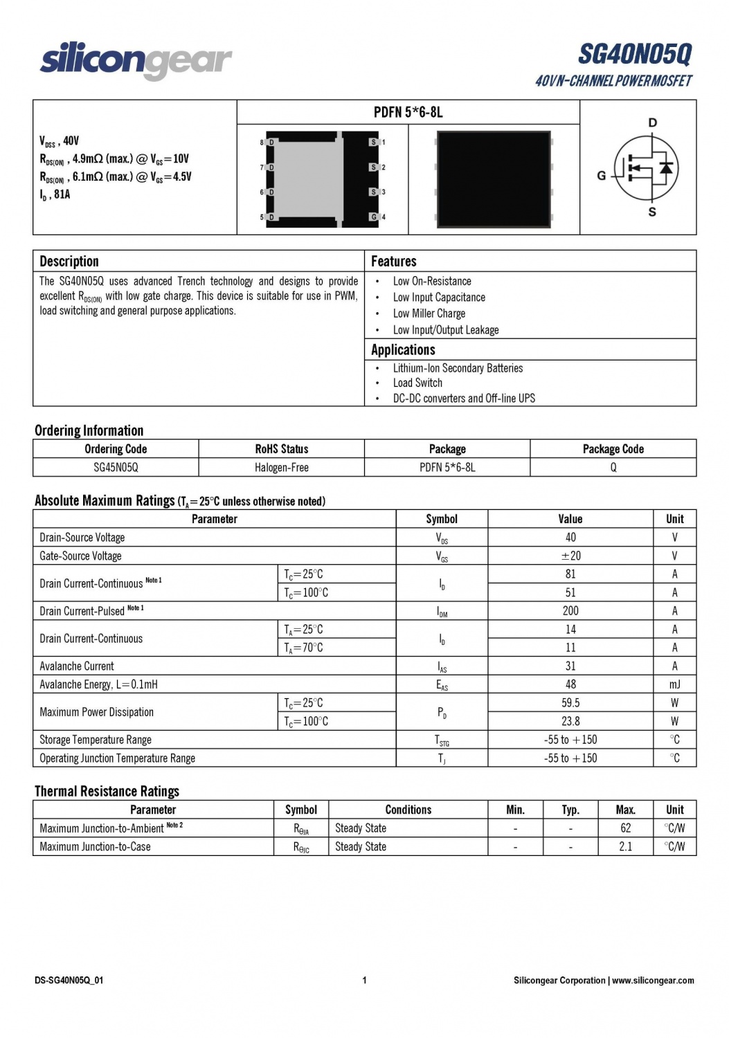 SG40N05Q 40V N-Channel Power MOSFET siliconegear