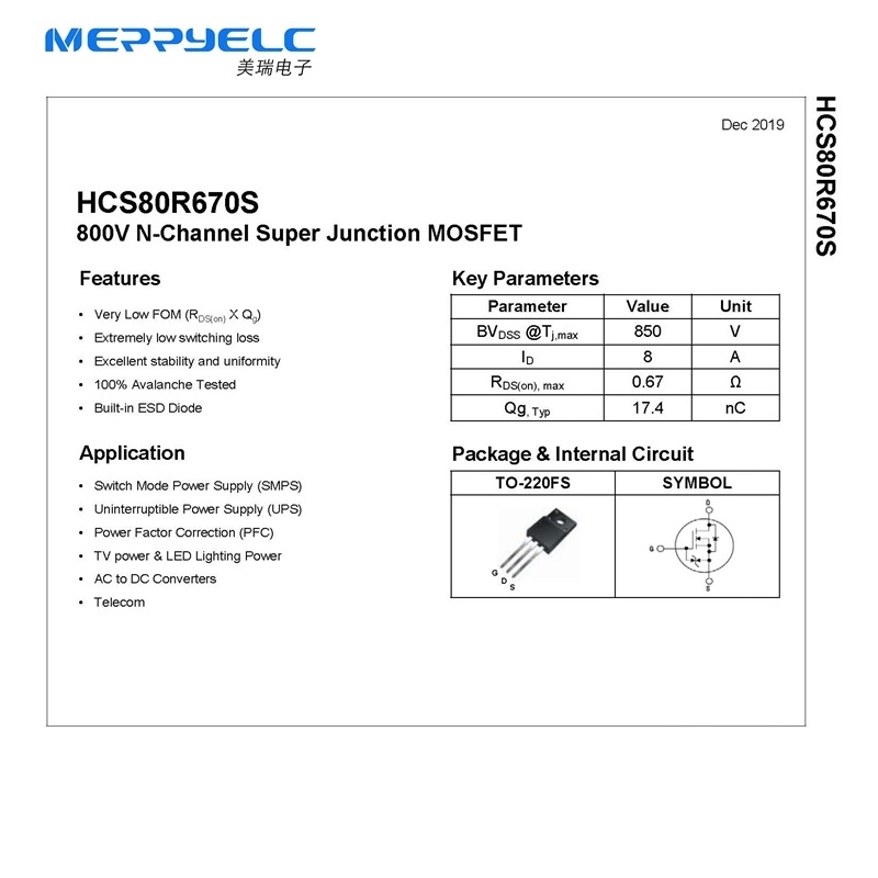 HCS80R670S  TO-220F  800V N-Channel Super Junction MOSFET Coolmos LED Driving Power Supply