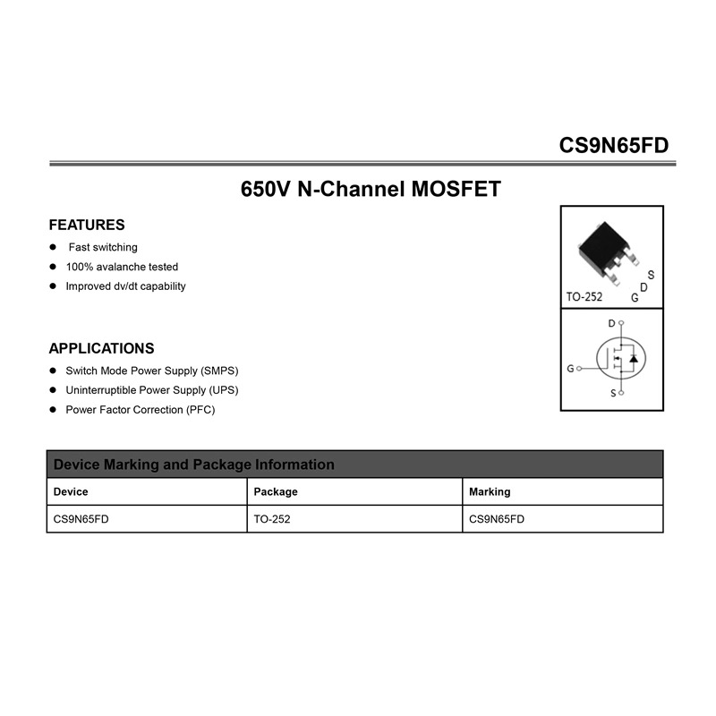 CS9N65FD TO-252 9A 650V N-Channel MOSFET HV Planar MOSFET MOS