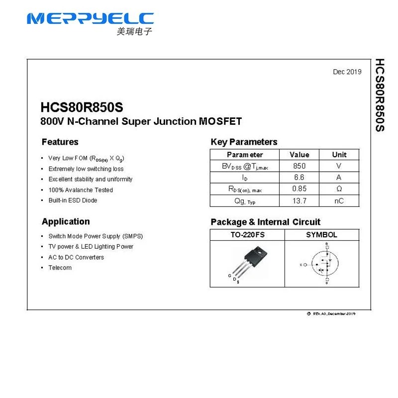HCS80R850S TO-220F Package 800V 6.6A 0.85Ω Built-in ESD Diode Super Junction Mosfet