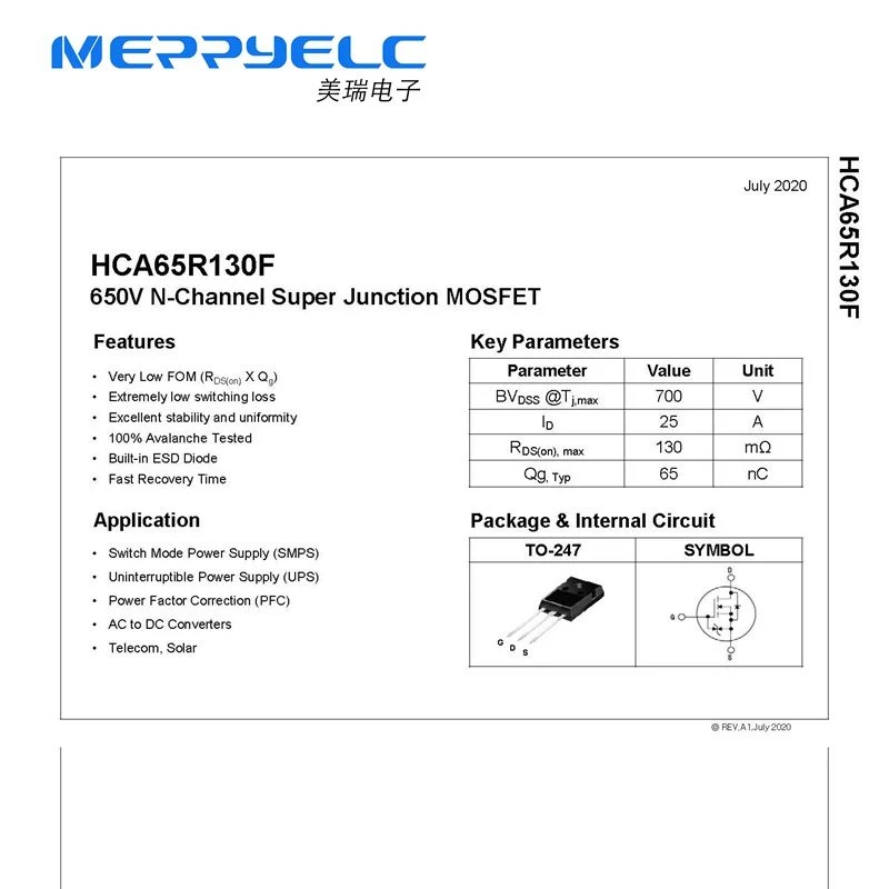 HCA65R130F TO-247 650V N-Channel Super Junction MOSFET Coolmos