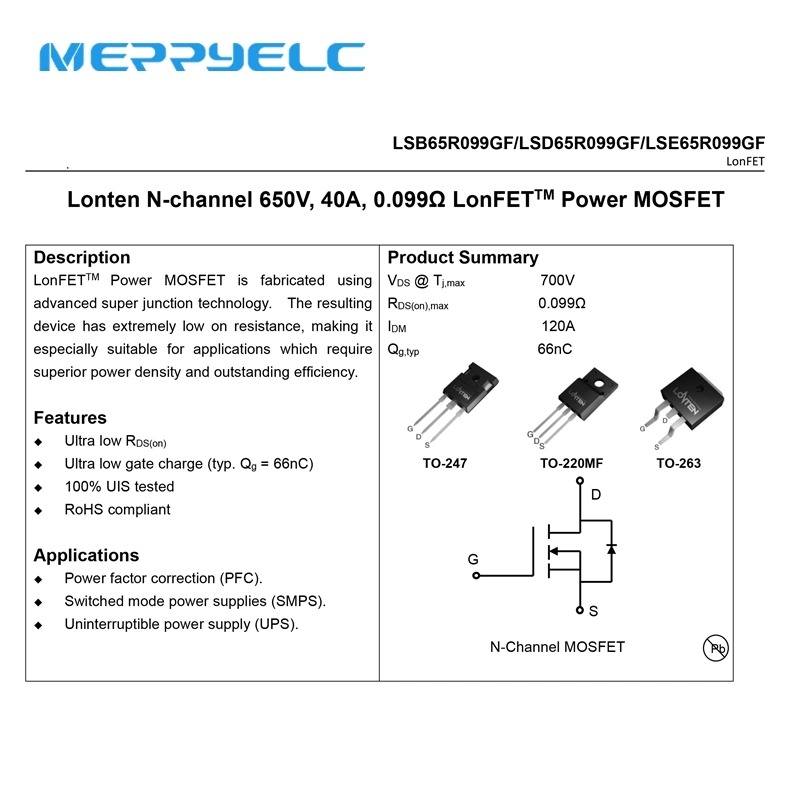 LSD65R099GF/LSE65R099GF N-channel 650V, 40A, 0.099Ω LonFETTM Power MOSFET