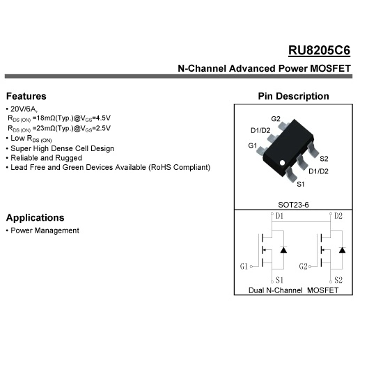 RU8205C6 SOT23-6  20V 6A  N-Channel Advanced Power MOSFET Semiconductor Diode RU820G