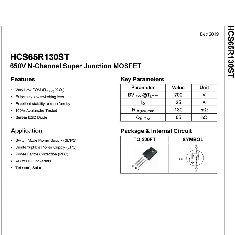HCS65R130S/HCS65R130ST TO-220FT Package Built-in ESD Diode Semihow Super Junction Mosfet coolMOS
