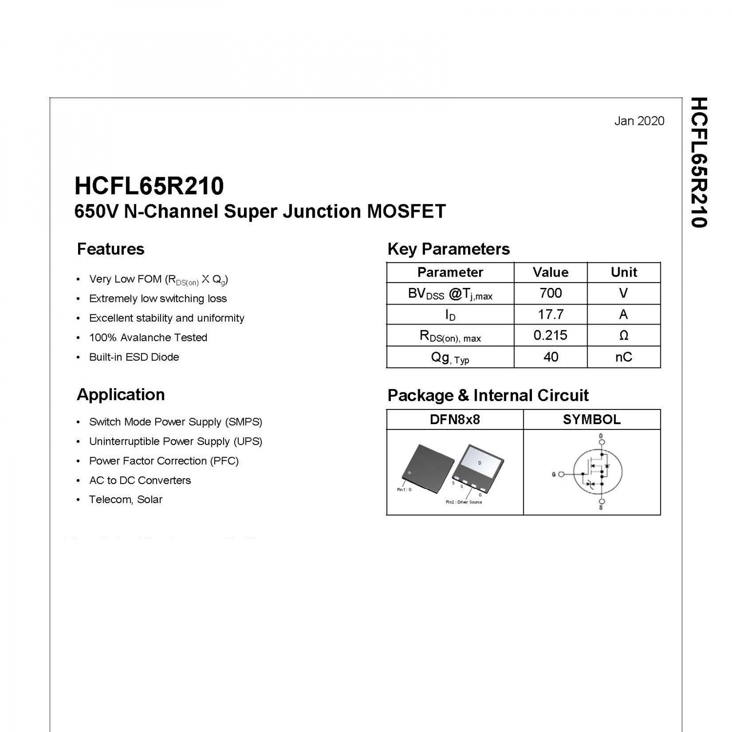 HCFL65R210 DFN8*8 650V N-Channel Super Junction MOSFET COOLMOS