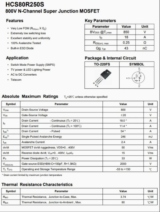 HCS80R250S TO-220FS 800V N-Channel Super Junction MOSFET