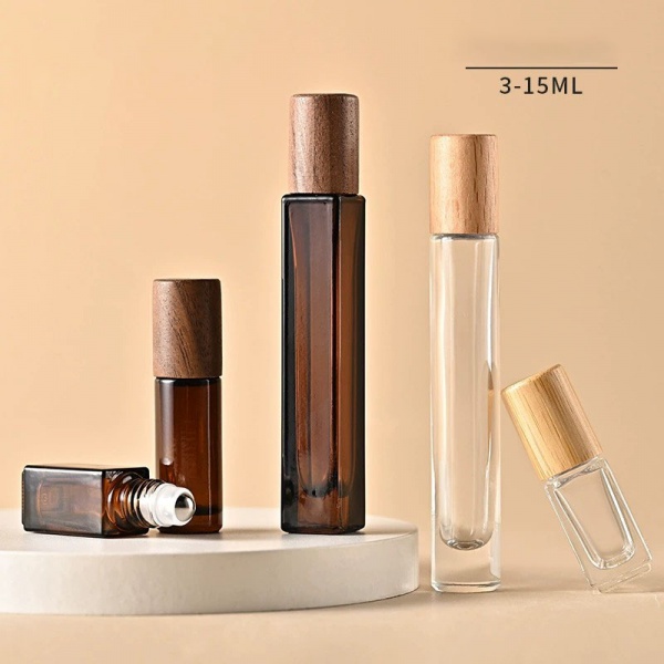 Empty Square Glass Applicator Essential Oil Roll On Bottles with Roller Ball Rollerball Bamboo Lid Cap 10ml Refillable Leak Proof
